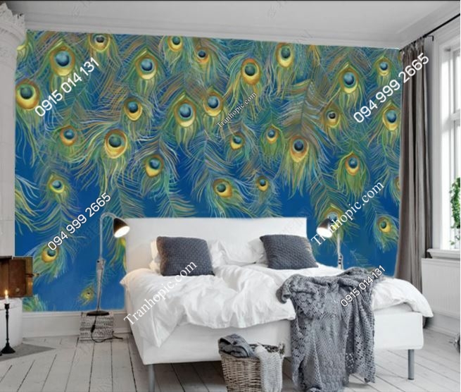 Tranh dán tường 3D họa tiết lông chim công phòng ngủ weili_16323466