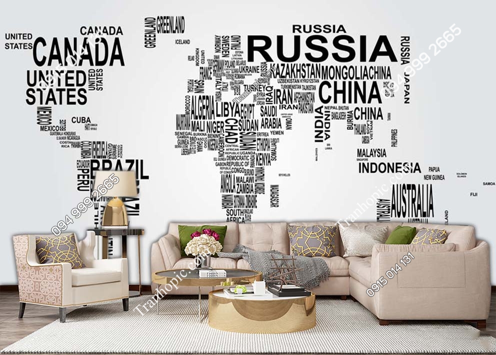Tranh dán tường bản đồ bằng tên các quốc gia 0011