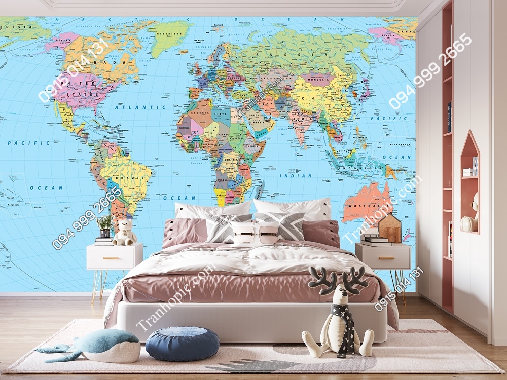 Tranh dán tường Bản đồ Thế giới màu với đường biên giới quốc gia, đường giao thông và thành phố 802945137