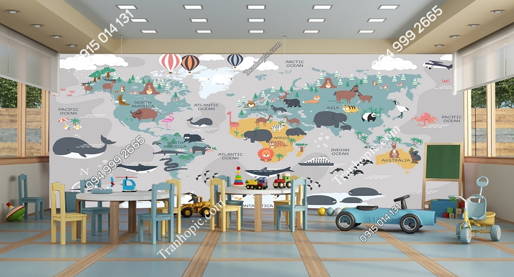 Tranh dán tường Bản đồ thế giới với động vật hoạt hình cho trẻ em 2880913040