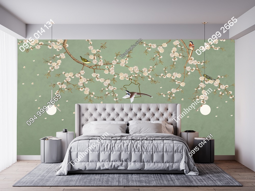 Tranh dán tường chim và hoa nền xanh cho phòng ngủ 2985493942
