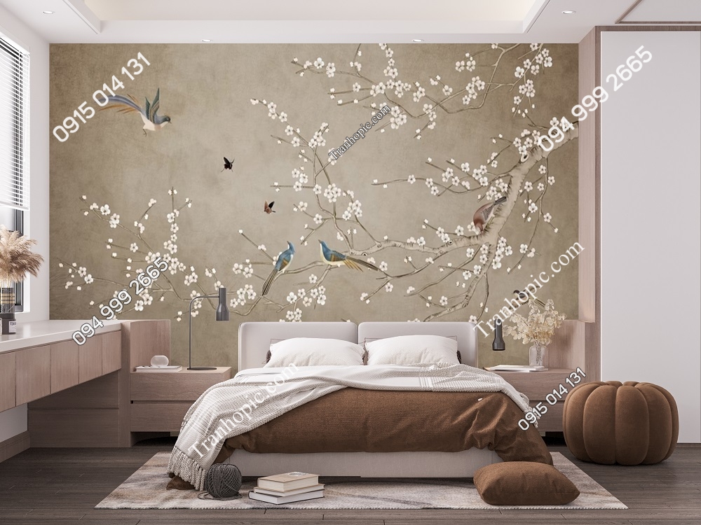 Tranh dán tường hoa trắng và chim xanh kiểu Chinoiserie 54807