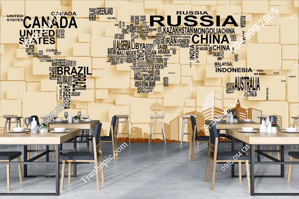 Tranh dán tường 3D bản đồ thế giới dán hàng quán đẹp