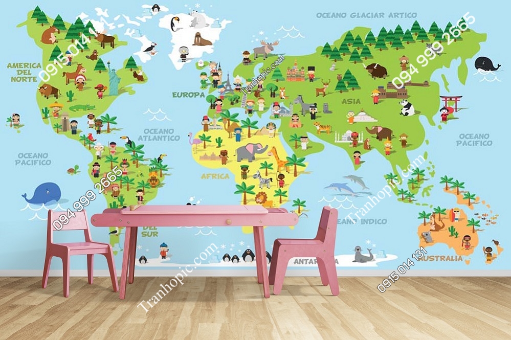 Tranh dán tường bản đồ thế giới cho phòng bé