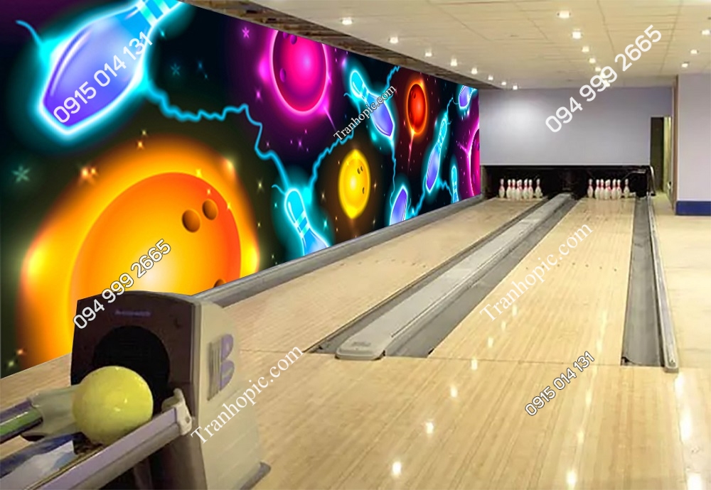 Tranh dán tường 3D khổ dài câu lạc bộ bowling đèn neon 1026694905