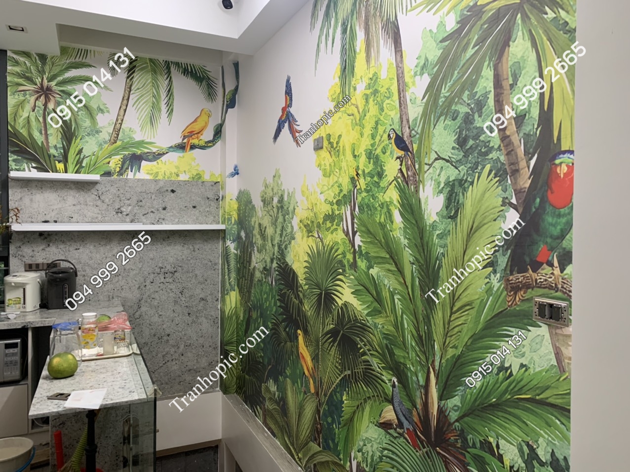Tranh dán tường 3D rừng nhiệt đới dán bếp