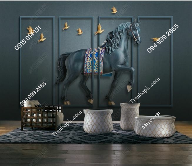 Tranh dán tường ngựa giả khung phào 5D dán phòng khách 18517860