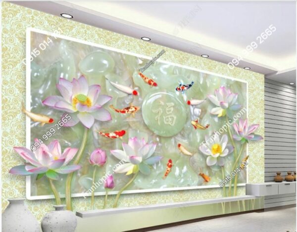 Tranh dán tường 5D hoa sen cá chép giả ngọc dán phòng khách 18430559