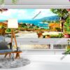 Tranh dán tường cảnh biển trong khung phào hoa giả 3D 32418