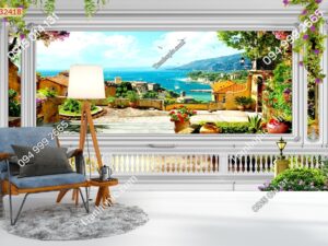Tranh dán tường cảnh biển trong khung phào hoa giả 3D 32418