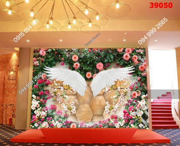 Tranh dán tường đôi cánh thiên thần và hoa dán bục sự kiện 39050