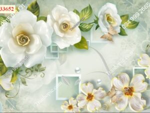 Tranh dán tường hoa trắng giả ngọc 3D sắc nét BP33652