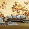 Tranh hoa sen vàng giả điêu khắc gỗ 5D dán phòng khách