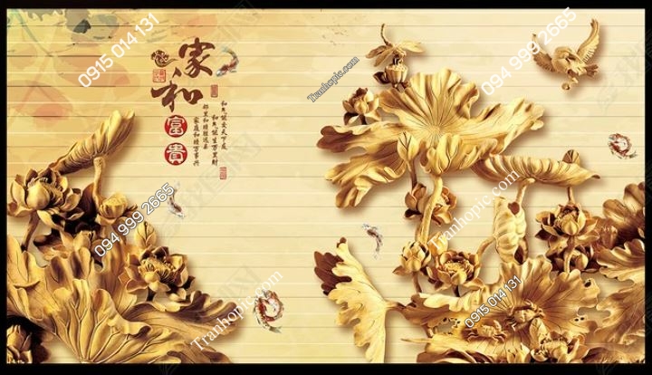 Tranh hoa sen vàng giả điêu khắc gỗ ảnh gốc 13926788
