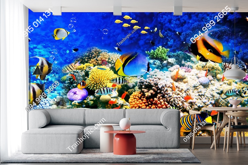 Tranh đại dương cá san hô màu sắc dán tường phòng khách 3D112