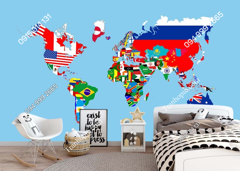 Tranh dán tường bản đồ bằng màu cờ các quốc gia 0013