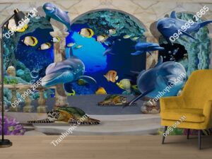 Tranh dán tường cá heo bơi trong lòng đại dương 3D02
