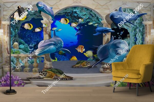Tranh dán tường cá heo bơi trong lòng đại dương 3D02