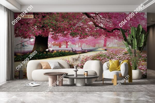 Tranh dán tường đường cây hoa tím hồng 00688