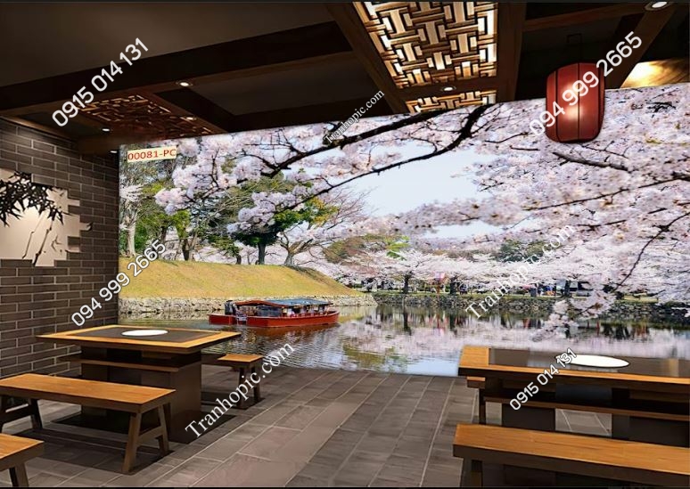 Tranh 3D dán tường hoa anh đào Nhật Bản