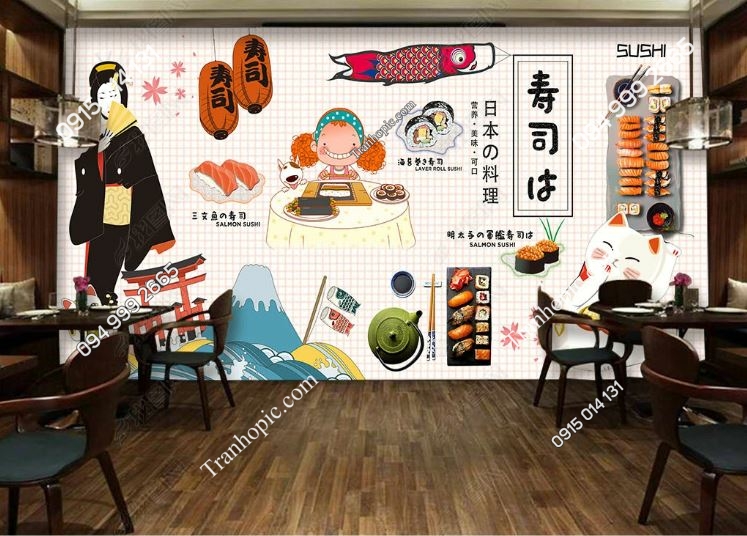 Tranh 3D dán tường nhà hàng quán ăn Nhật Bản 18820816