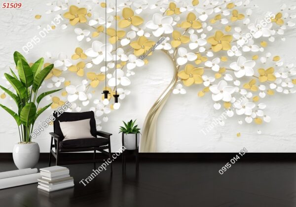 Tranh cây hoa vàng trắng dán tường nền trắng 5D51509