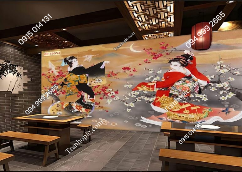 Tranh dán tường 3D cô gái Nhật Bản dán nhà hàng