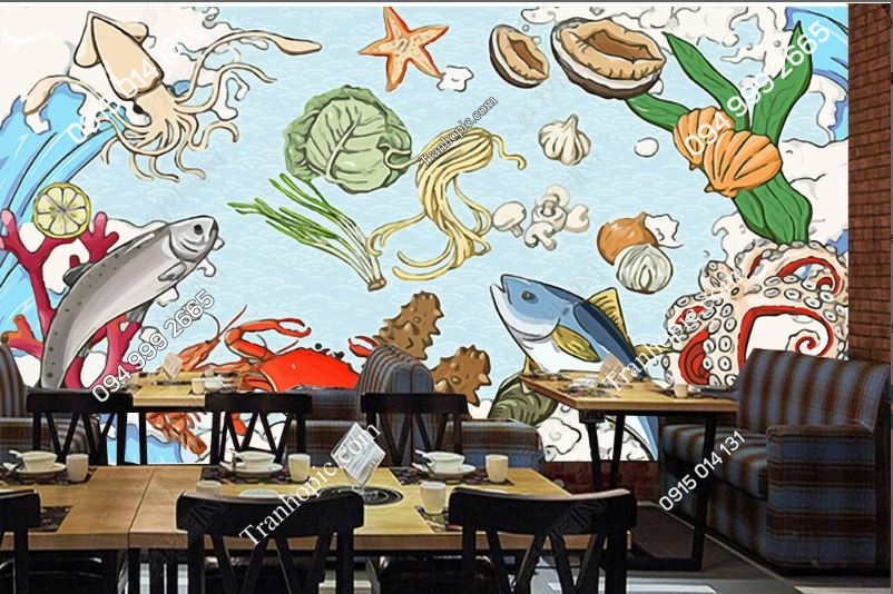 Tranh dán tường 3D kiểu vẽ tay cho quán hải sản đẹp 17087724