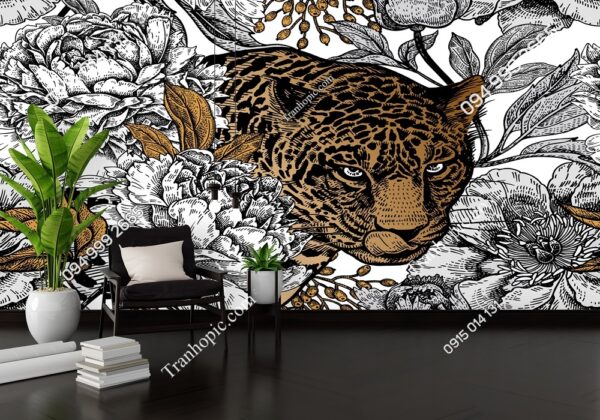 Tranh dán tường báo đốm Leopard và hoa mẫu đơn 1233913273