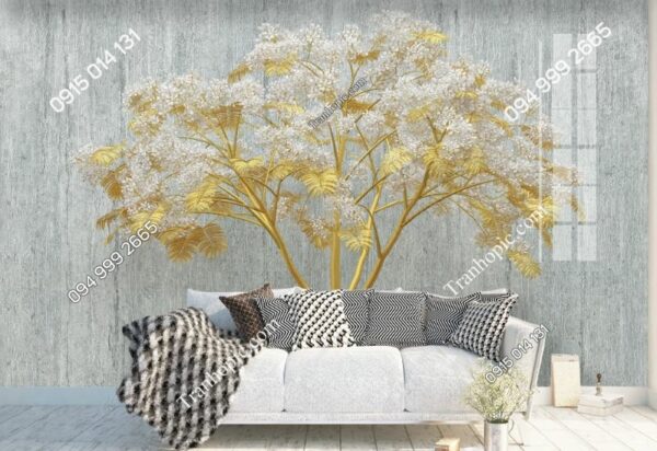 Tranh dán tường cây hoa 3D phù điêu nền xanh_20198291
