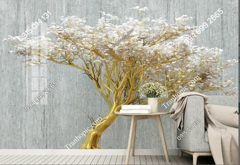 Tranh dán tường cây hoa phù điêu 3D dán phòng khách_20303466