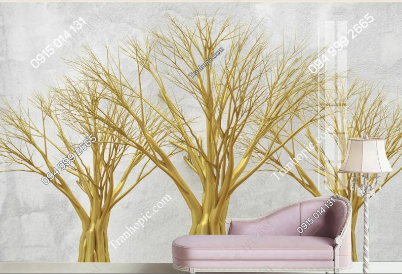 Tranh dán tường cây vàng tài lộc 3D dán phòng khách_20198288