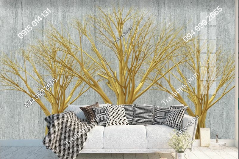 Tranh dán tường cây vàng tài lộc 3D dán sau sofa_20198288