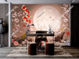 Tranh dán tường chim và hoa dưới ánh trăng style chinoiserie 1479207428