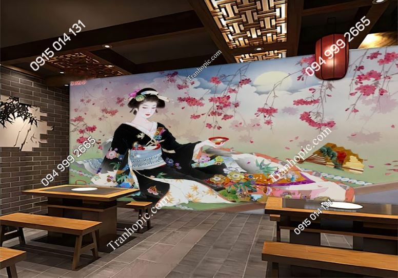 Tranh dán tường cô gái Nhật dán nhà hàng