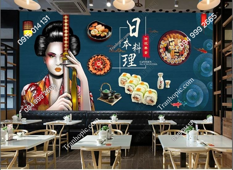 Tranh dán tường cô gái Nhật dán quán ăn nhà hàng_18584520