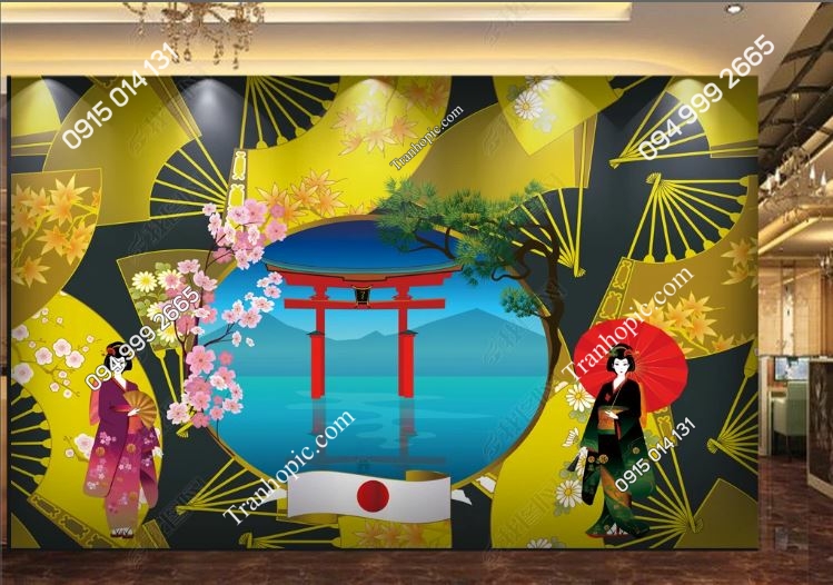 Tranh dán tường cô gái dán nhà hàng Nhật Bản_17182145