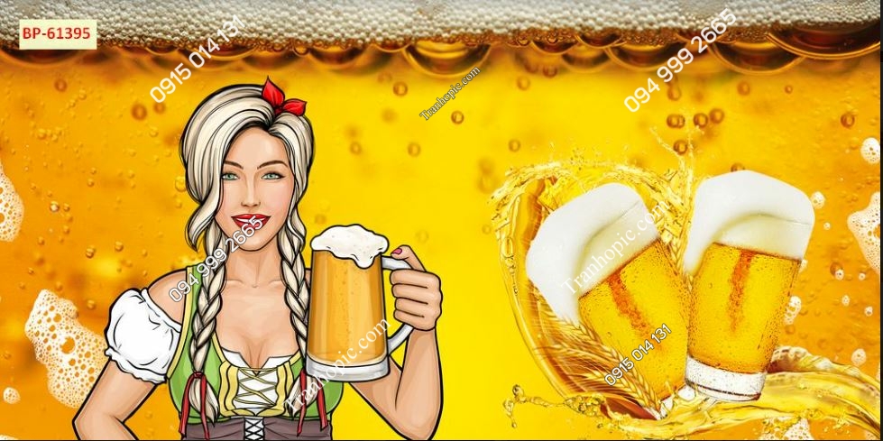 Tranh dán tường cô gái mời bia nền vàng đẹp