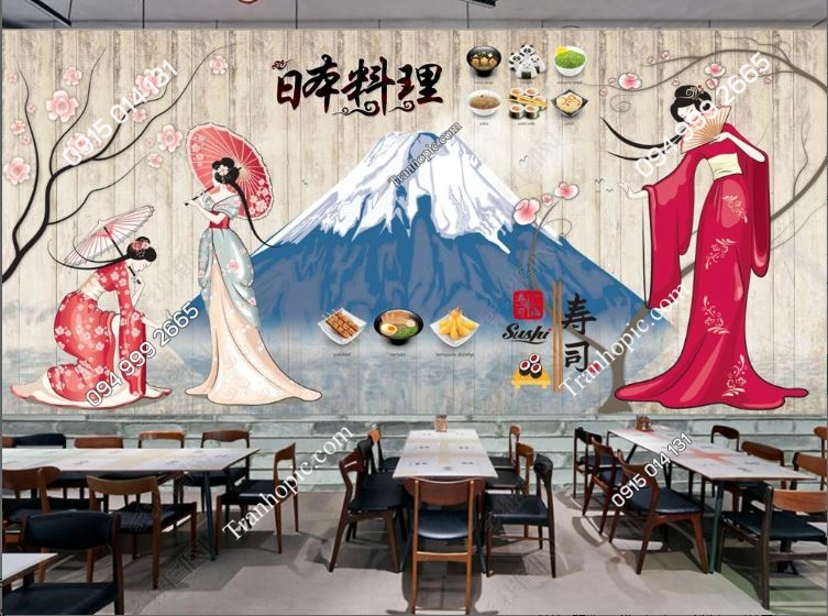 Tranh dán tường cô gái và núi Phú Sĩ dán nhà hàng Nhật Bản 18695270