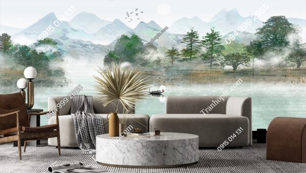 Tranh dán tường giả vẽ kiểu thủy mạc sông núi thông xanh 1930933955