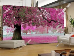 Tranh dán tường gốc cây hoa đào cổ thụ to siêu đẹp PC395