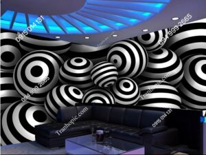 Tranh dán tường hình cầu sọc trắng đen dán quán karaoke 1057899128
