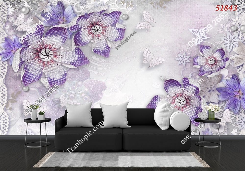 Tranh dán tường hoa 3D giả ngọc màu tím 51843