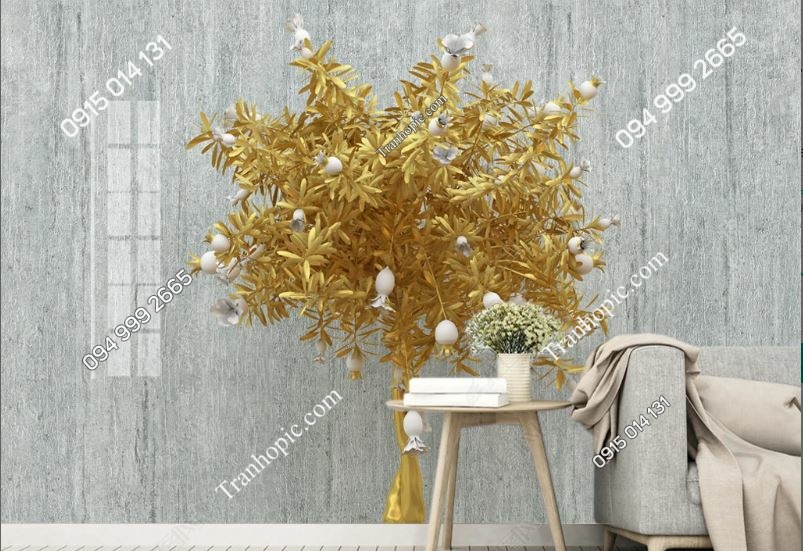 Tranh dán tường hoa 3D phù điêu màu vàng dán phòng khách_23054345