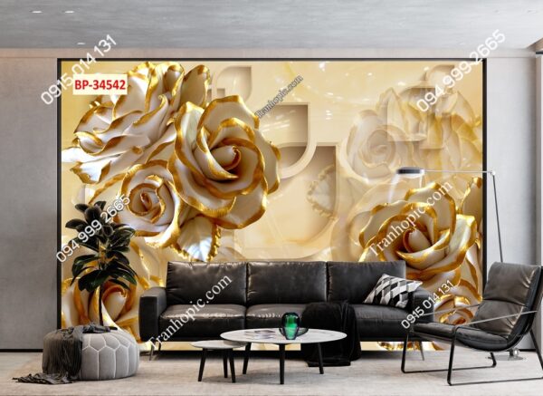 Tranh dán tường hoa hồng vàng 3D 34542