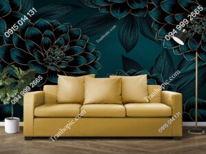 Tranh dán tường hoa vàng thược dược và lá nền xanh 1814904311
