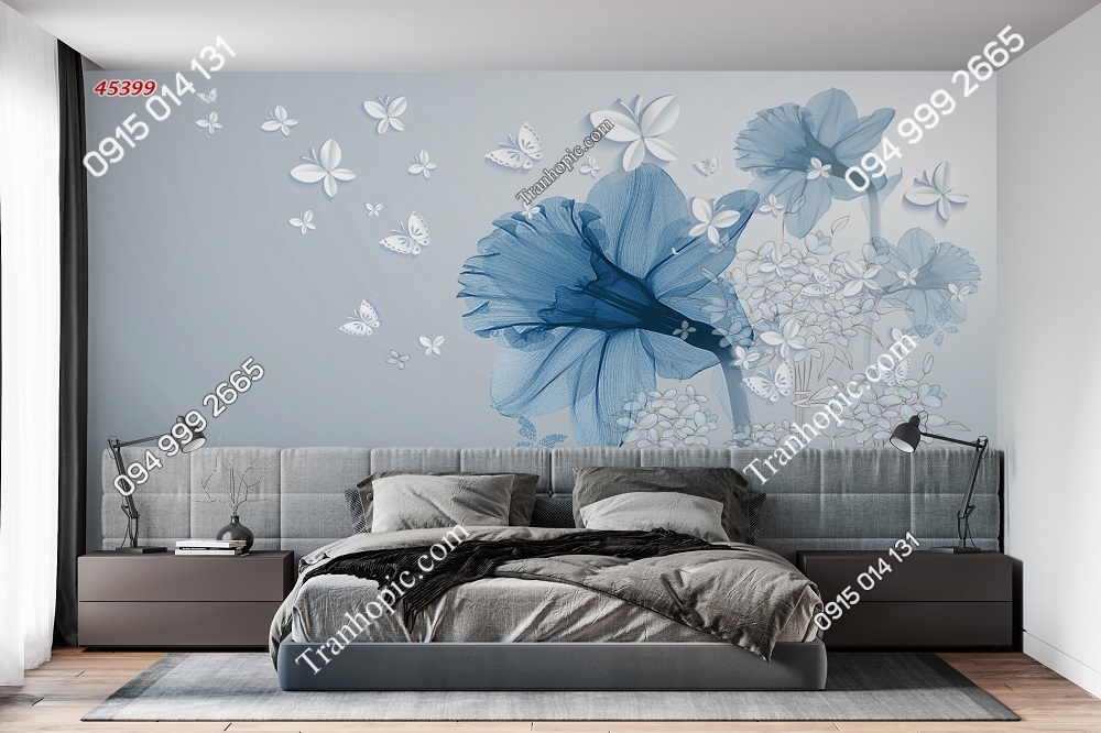 Tranh dán tường hoa xanh bướm trắng nhẹ nhàng 3D45399