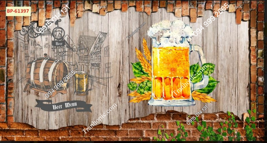 Tranh dán tường ly bia trên nền gạch