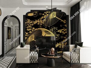 Tranh dán tường ô và hoa vàng nền đen kiểu indochine 1142590721