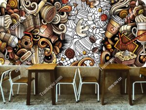 Tranh dán tường quán cafe họa tiết vẽ tay biểu ngữ doodle 1640503192
